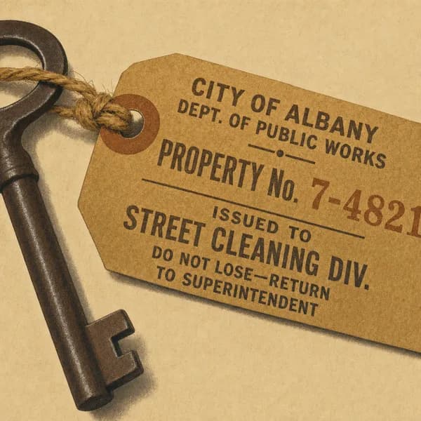 A close photograph of a fiber label tied to a brass key with twine, hand-inked words legible on the tag.