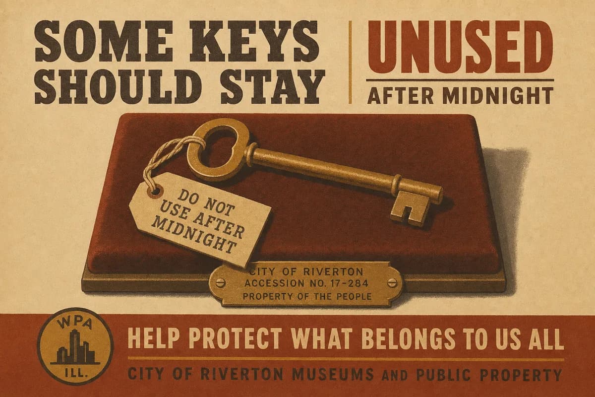 A single unworn brass key on a cream museum mount, a small fiber tag tied to its bow inked DO NOT USE AFTER MIDNIGHT, a brass accession plaque below, lit from the side.