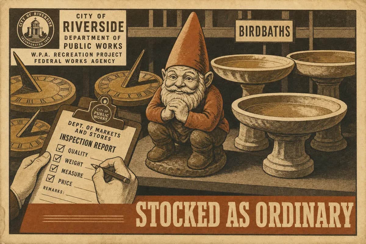 A crouched painted garden gnome on a garden-center shelf between rows of sundials and birdbaths, an inspector's clipboard in the foreground, beneath a banner reading STOCKED AS ORDINARY.