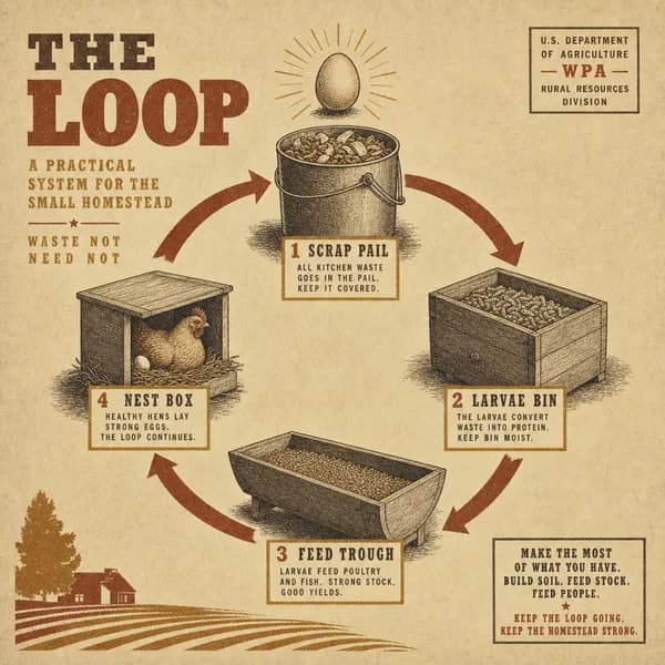 A circular diagram with four labeled stations connected by arrows: kitchen scraps, larvae bin, feed trough, and nest box, with an egg at the top.