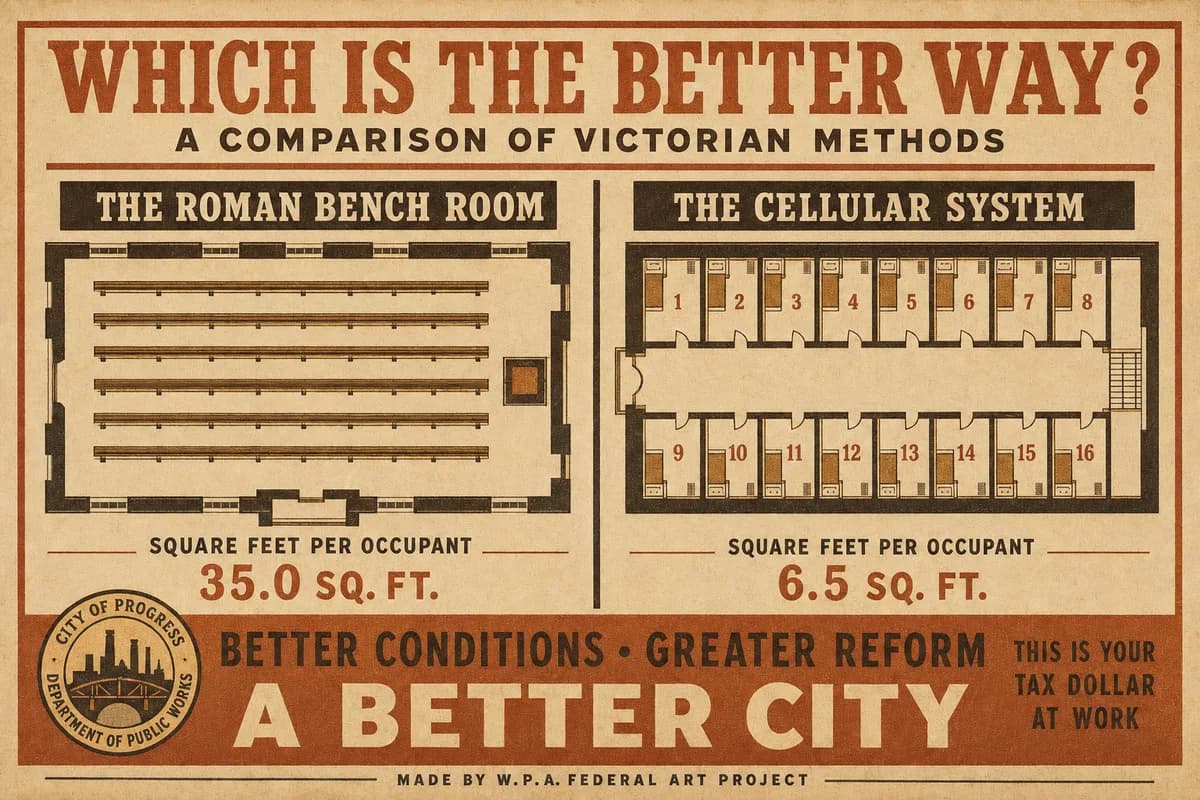 Two floor plans drawn side by side at the same scale: an open bench room and a row of small numbered stalls, with area figures beneath each.