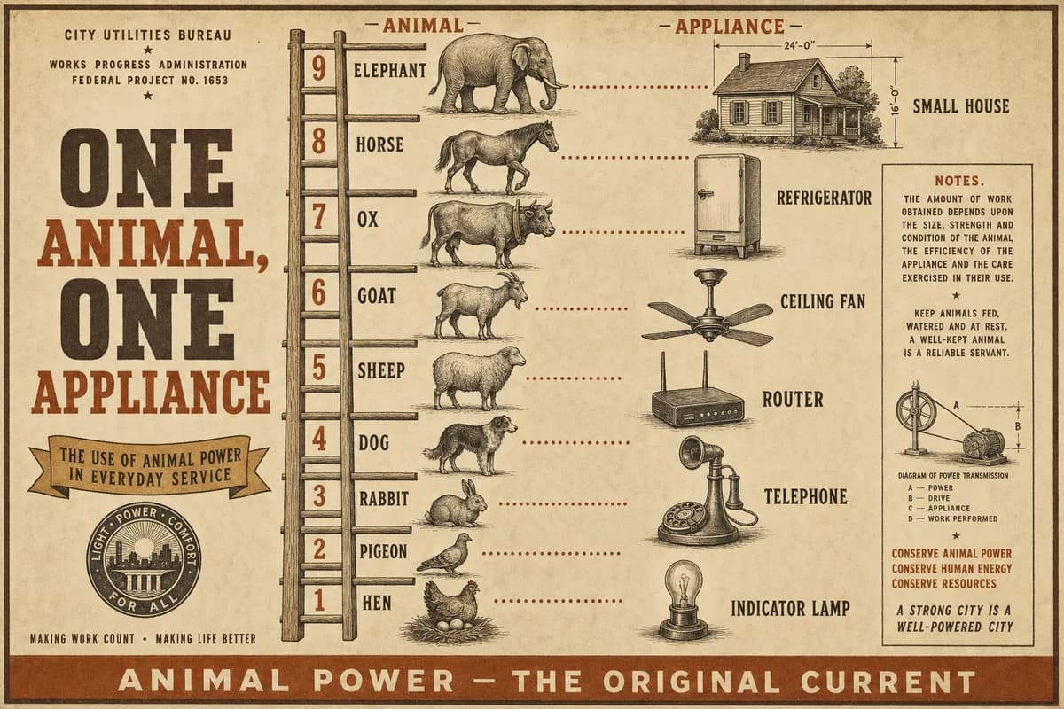 A Victorian scientific chart plate ranking nine animals from a laying hen at the bottom to an elephant at the top, each tied by a dotted line to the single appliance it powers, from an indicator lamp to a small house, under a banner reading ONE ANIMAL, ONE APPLIANCE