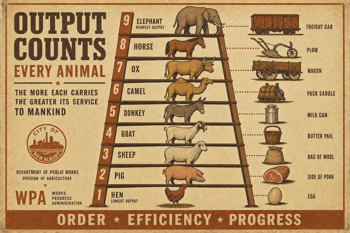 A ranked ladder diagram of nine animals from smallest to largest, each linked to a single household appliance.