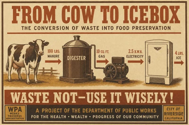 A flow panel showing a cow, a digester, a generator, and a refrigerator connected by labeled arrows.