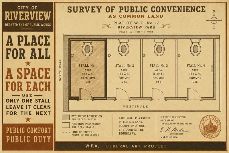 An engraved plat of a restroom drawn as parcels of land, one stall shaded and ringed by a boundary, others left open.