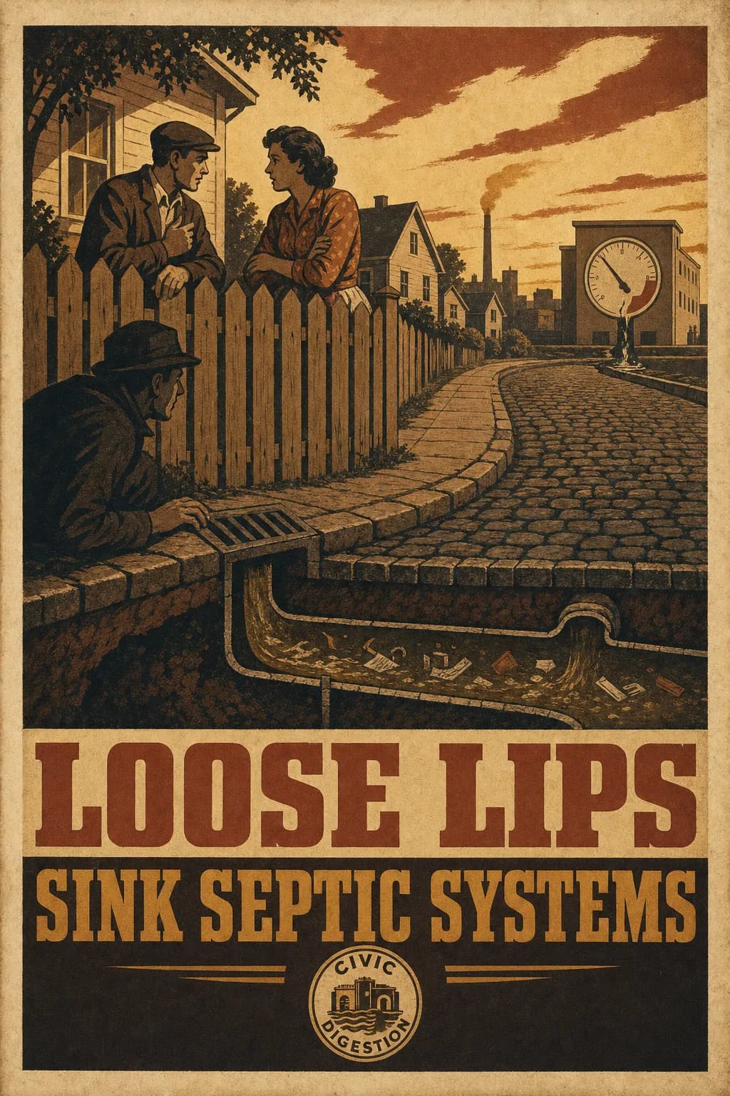 A wartime security poster of two neighbors talking over a garden fence while a shadowed listener crouches at a storm drain below them, a cutaway household waste line running beneath the street toward a faltering municipal facility, captioned LOOSE LIPS SINK SEPTIC SYSTEMS.