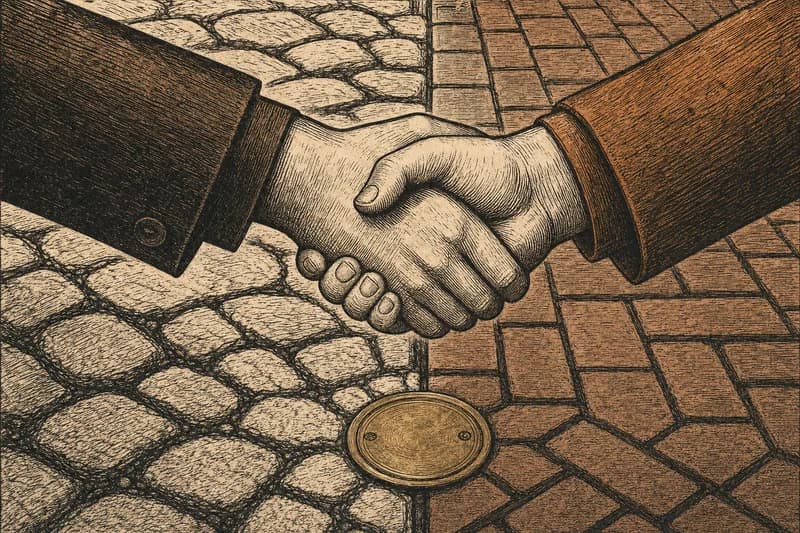 A woodcut of two hands clasped across a low brass marker set into cobblestones, the paving pattern changing at the line between them.