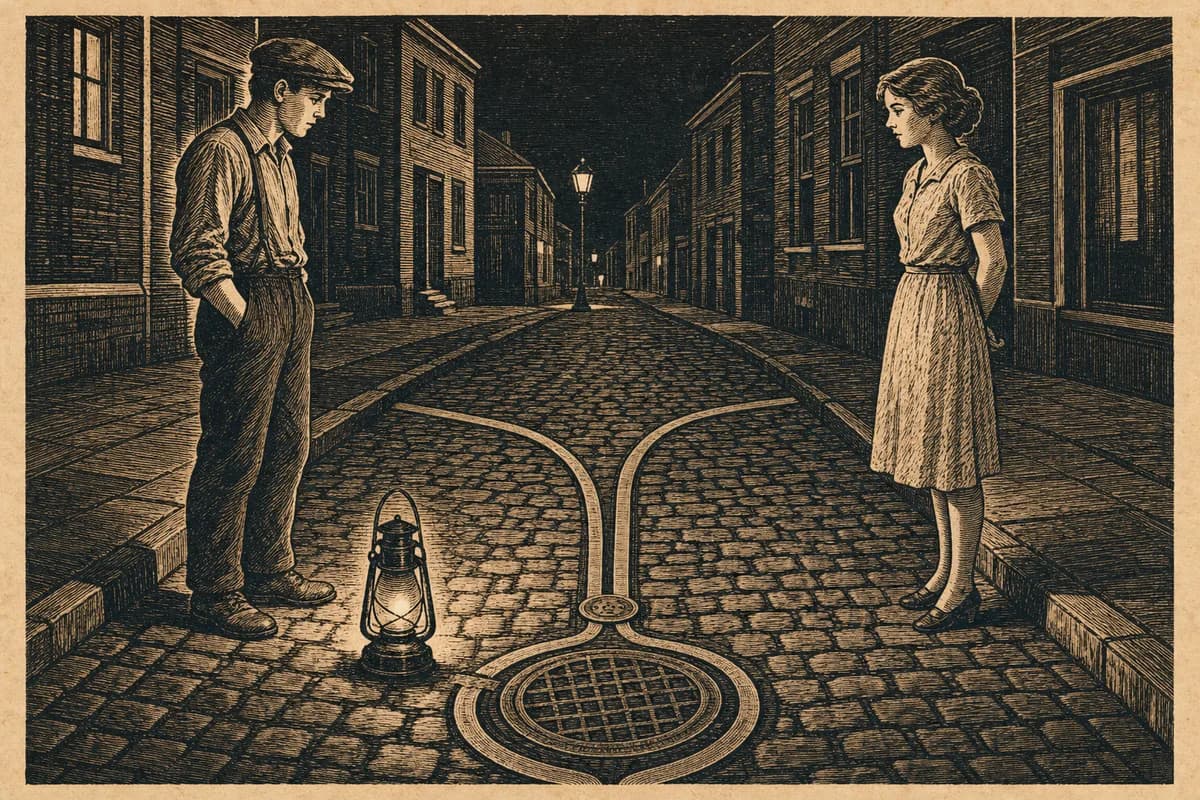 A woodcut of a young man and a young woman standing on opposite sides of a brass boundary marker set into a cobbled street at night, each on their own curb, a lantern between them, the mains of two districts diverging beneath a manhole cover at their feet.