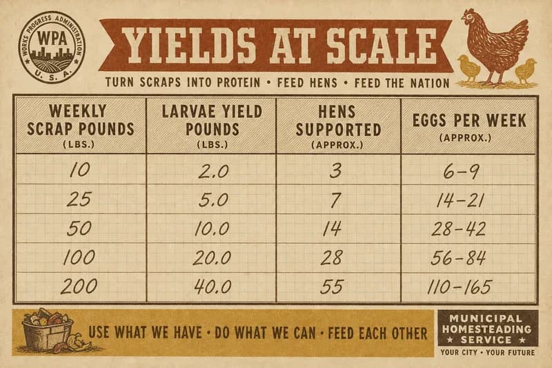 A ruled table relating weekly kitchen scrap weight to larvae yield, hens supported, and eggs per week.