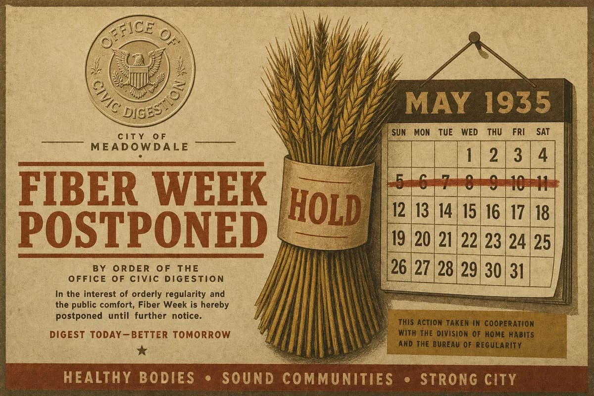 A municipal postponement bulletin stamped with the seal of the Office of Civic Digestion, showing a bound sheaf of wheat labeled HOLD beside a wall calendar with one week struck through in red, beneath a banner reading FIBER WEEK POSTPONED.