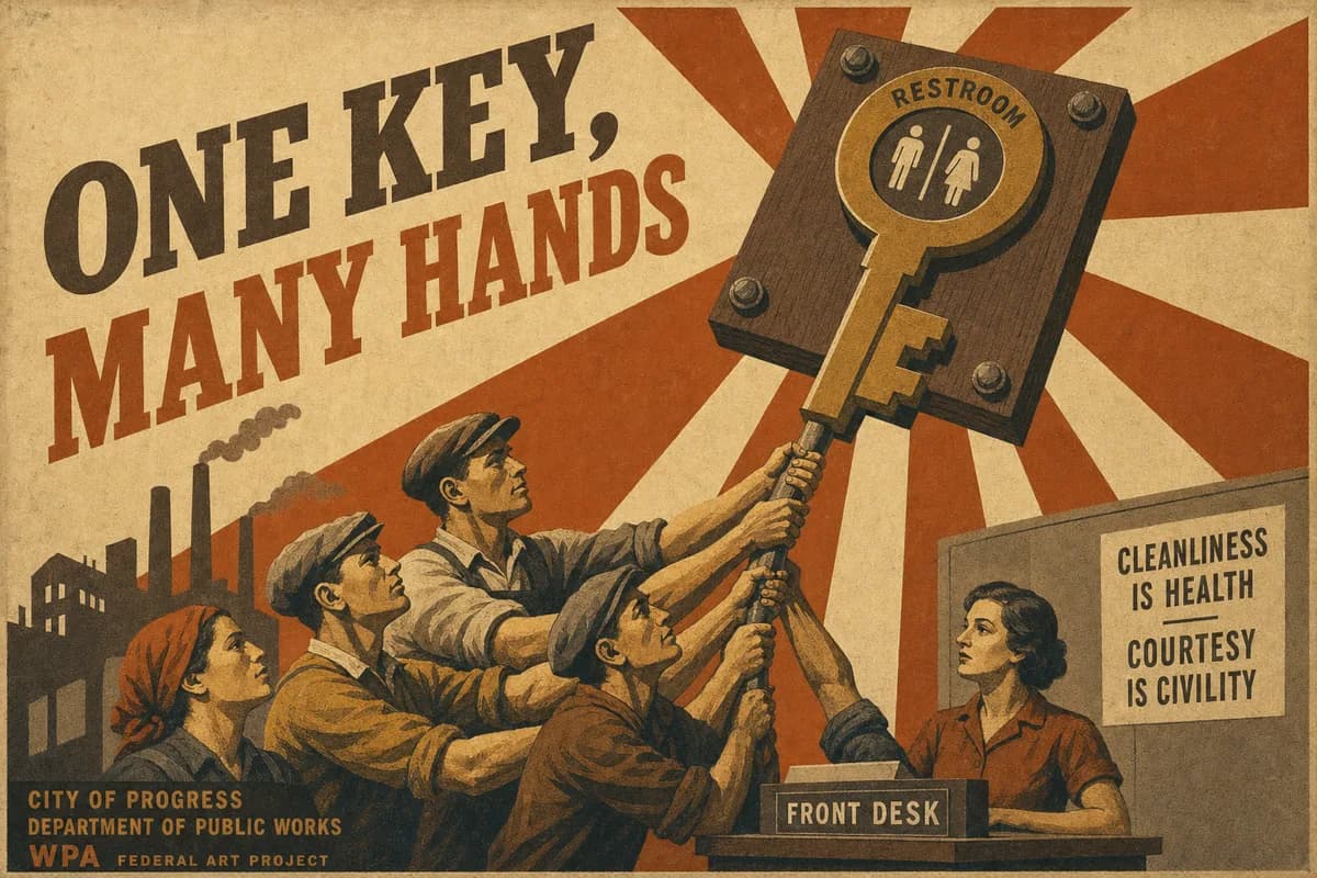 A constructivist poster of workers reaching upward toward an oversized restroom key bolted to a block of wood, held aloft like a banner above a factory floor.