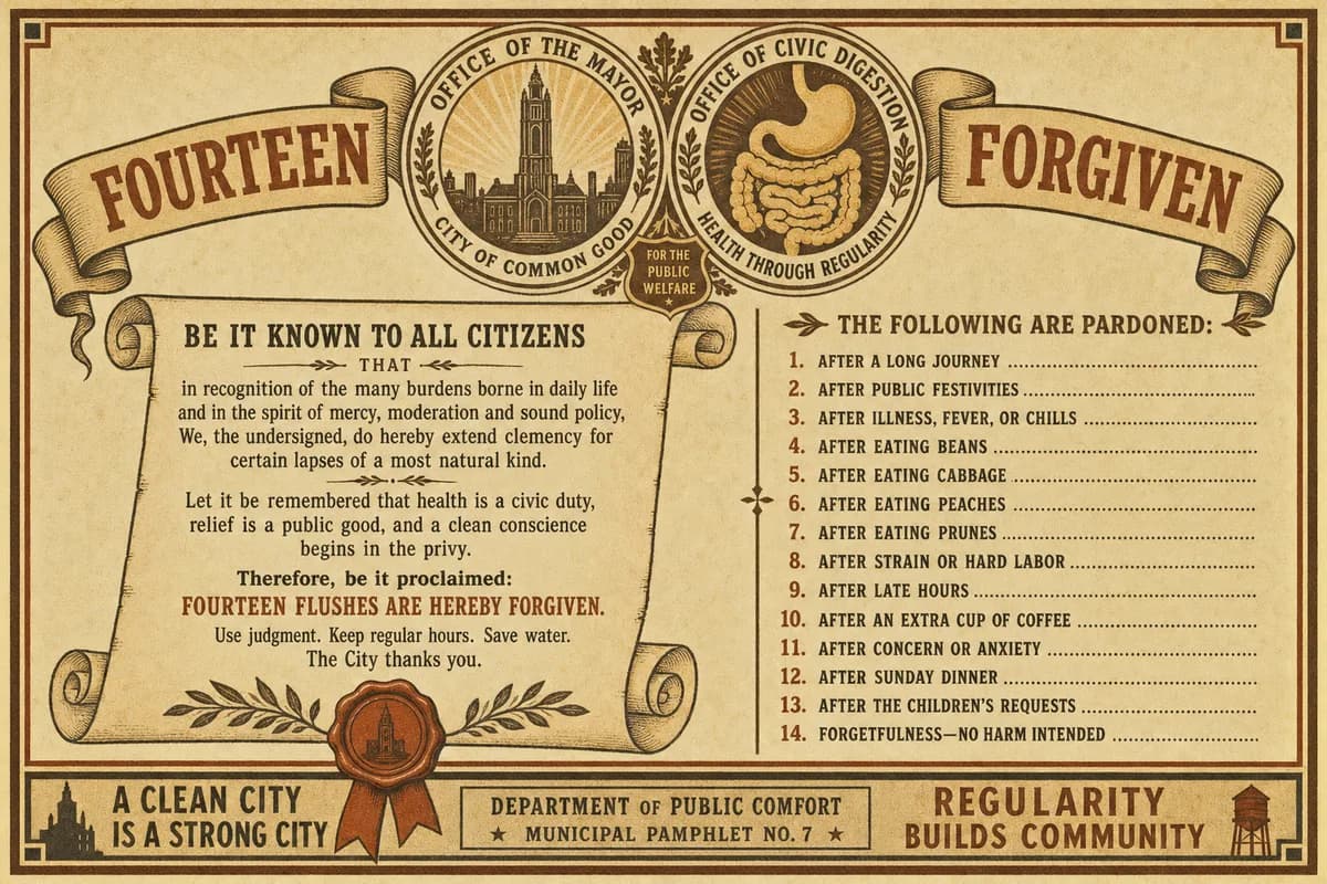 A municipal proclamation bearing the joined seals of the Office of the Mayor and the Office of Civic Digestion, an ornate ribboned scroll with a wax seal listing a column of fourteen pardoned entries, beneath a banner reading FOURTEEN FLUSHES FORGIVEN.