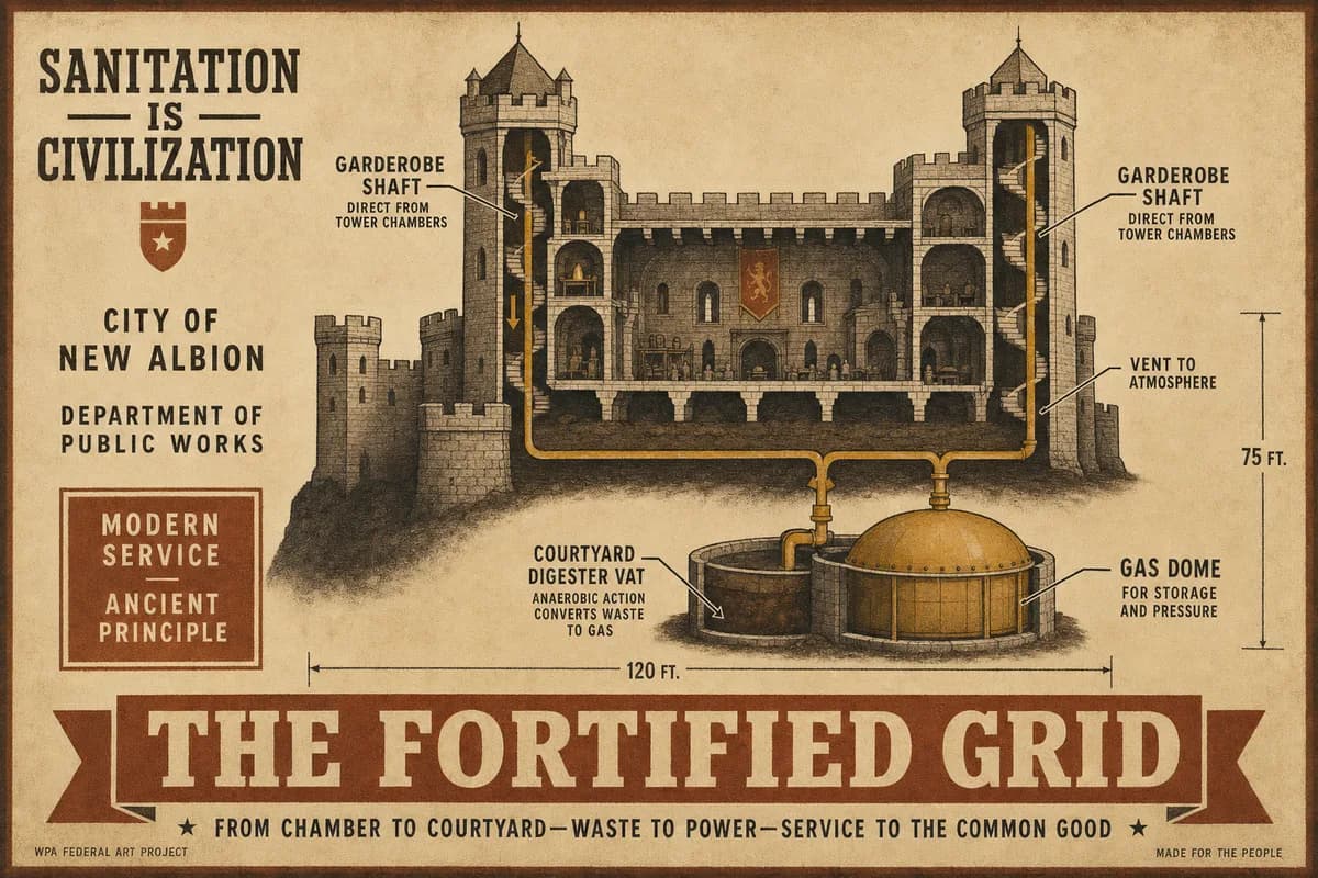 A Victorian scientific cross-section of a medieval castle with collection routes drawn from tower chambers down spiral stairs to a courtyard digester vat, hand-labeled callouts for the garderobe shafts and gas dome, dimension lines, and a banner reading THE FORTIFIED GRID