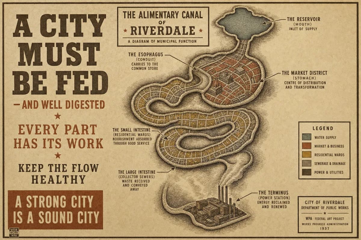 A city map redrawn as a digestive tract, with a reservoir at the mouth, a market at the stomach, residential wards along the intestine, and a power station at the terminus.