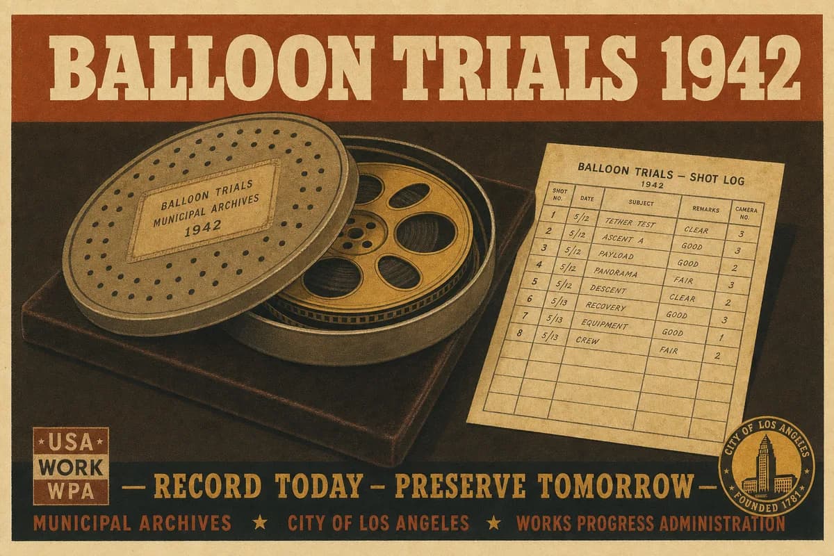 A vented film canister on a cream museum mount, its lid ajar to show a reel of aged film, a single ruled shot-log sheet beside it, lit from the side.