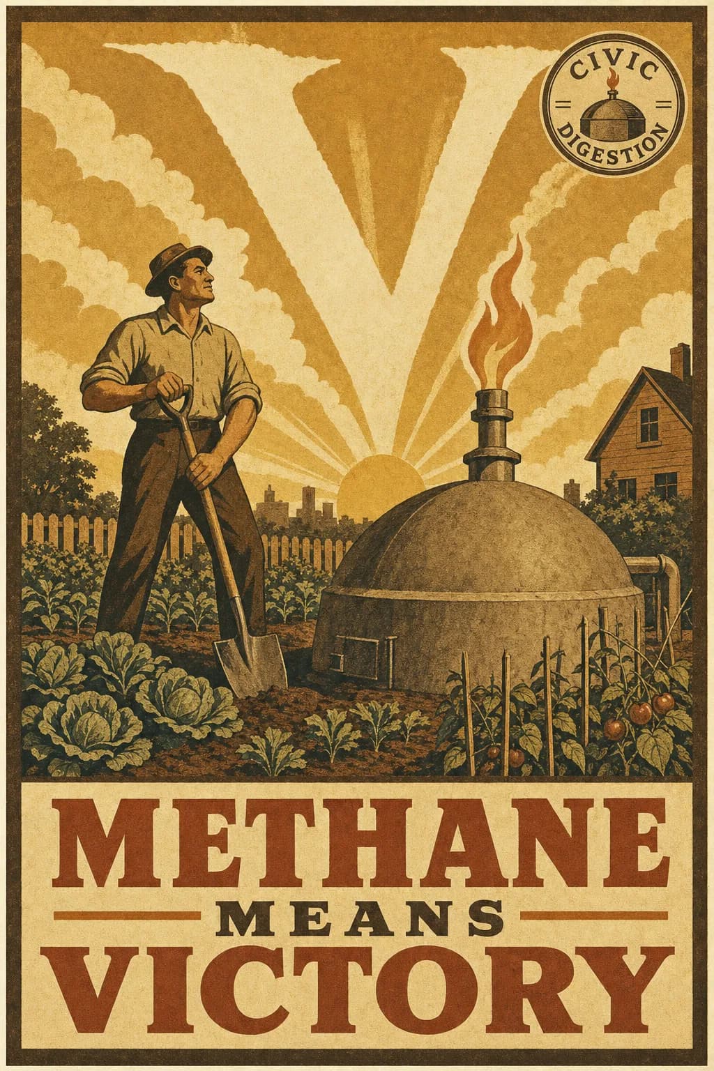 A victory-garden poster of a proud citizen with a spade tending a backyard digester dome set among neat vegetable rows at sunrise, a steady methane flame at the vent and a large letter V worked into the sky, captioned METHANE MEANS VICTORY.