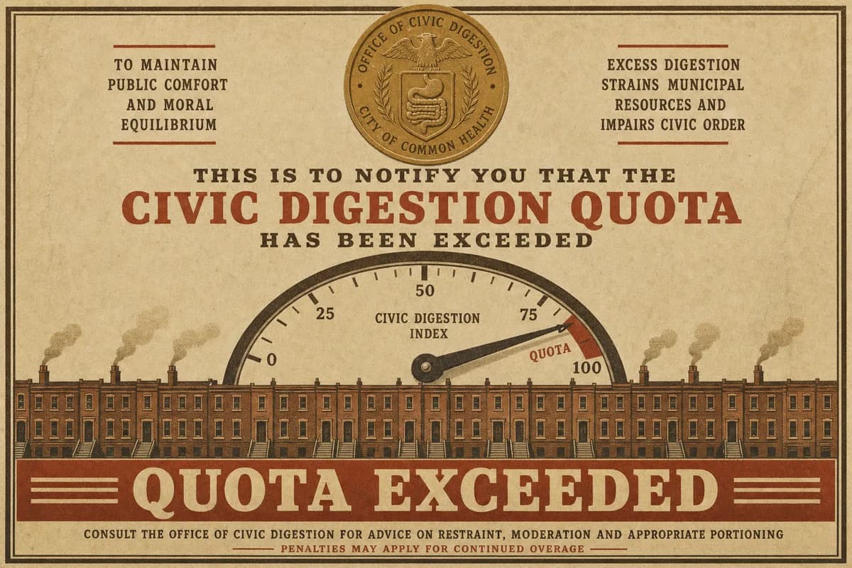 A municipal overage notice stamped with the seal of the Office of Civic Digestion, showing a pressure gauge with its needle pinned past a red QUOTA line above a row of rowhouses releasing faint plumes, beneath a banner reading QUOTA EXCEEDED.