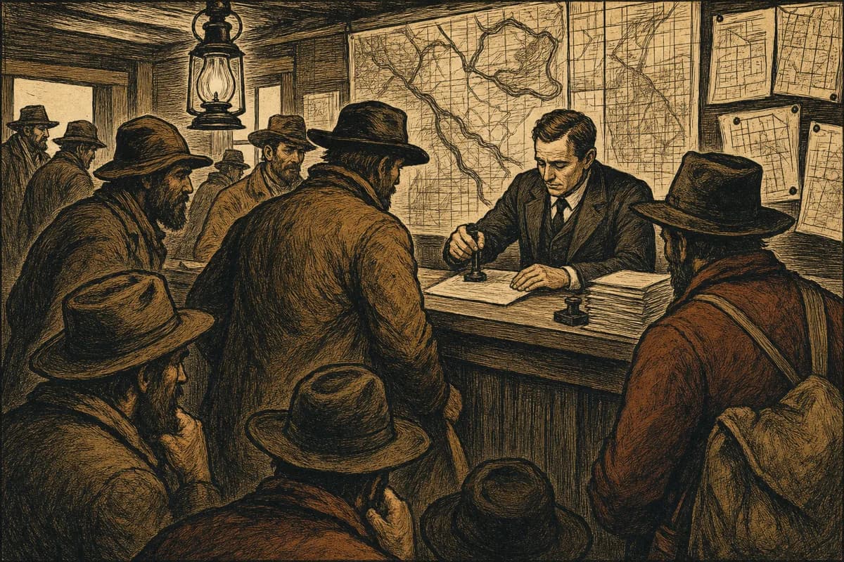 A woodcut of prospectors crowding a claims-office counter where a clerk stamps a contract, a wall of maps and pinned papers behind him.