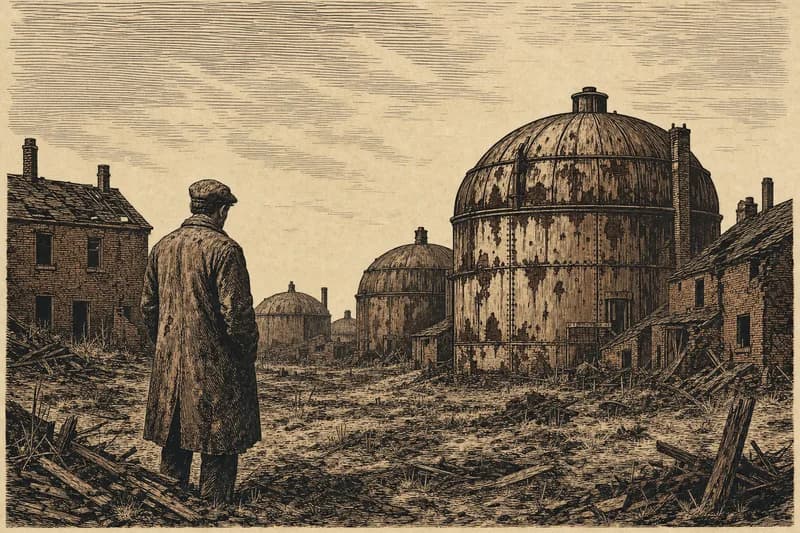 A woodcut of a lone man in a worn coat standing among a field of abandoned rusting digester tanks and slumped brick houses under an empty sky.