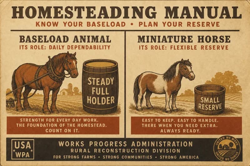 A two-column comparison of a baseload animal with a steady full holder against a miniature horse with a small reserve, each labeled by role.