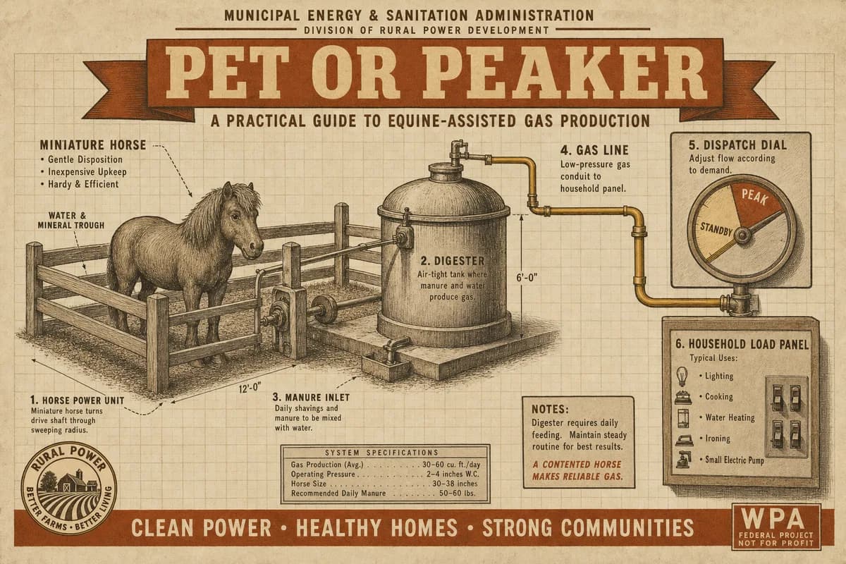 A vintage homesteading-manual diagram of a miniature horse beside a small digester, a dispatch dial marked STANDBY and PEAK, a short gas line to a household panel, titled PET OR PEAKER, in cream, brown, and ochre tones.