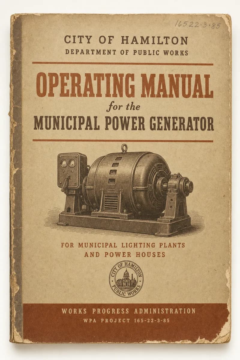 The worn cover of an old appliance manual with an engraved illustration of a generator and chipped edges.