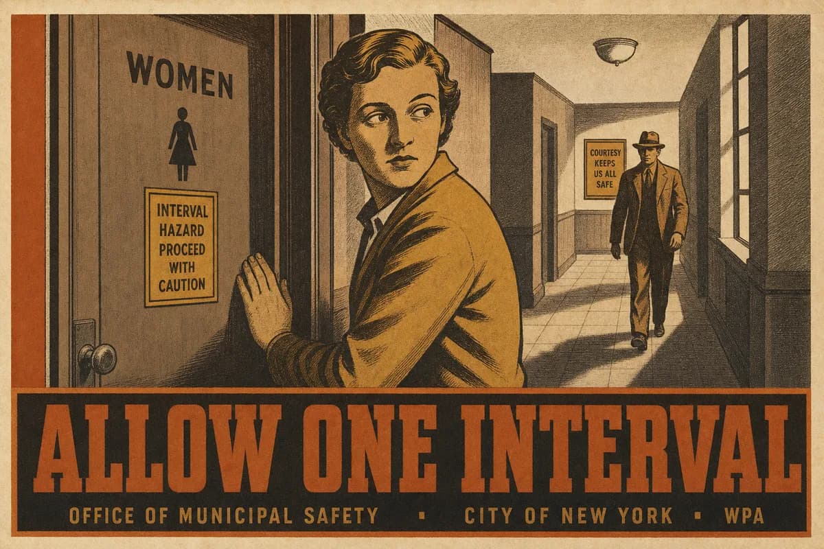 An engraving of a person pausing at a restroom door, hand on the frame, glancing back toward an approaching stranger, a small hazard placard on the door reading ALLOW ONE INTERVAL.