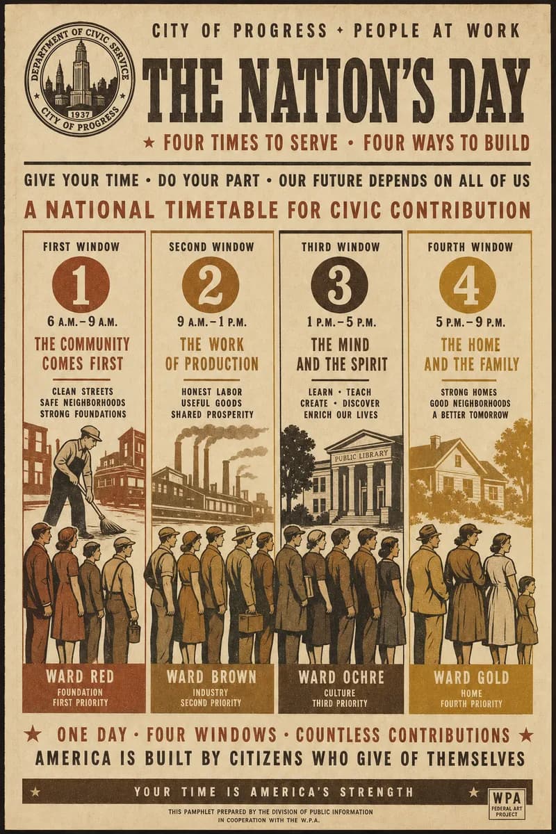A timetable poster dividing the day into four contribution windows by ward color, with ranks of citizens queued beneath each column.