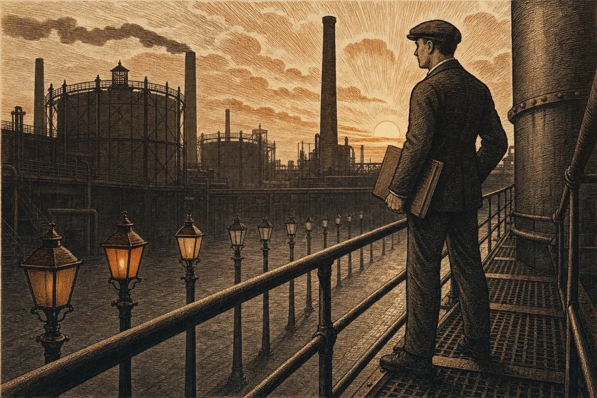 A woodcut of a man with a ledger standing on a gasworks catwalk at dawn above a street of fading lamps.