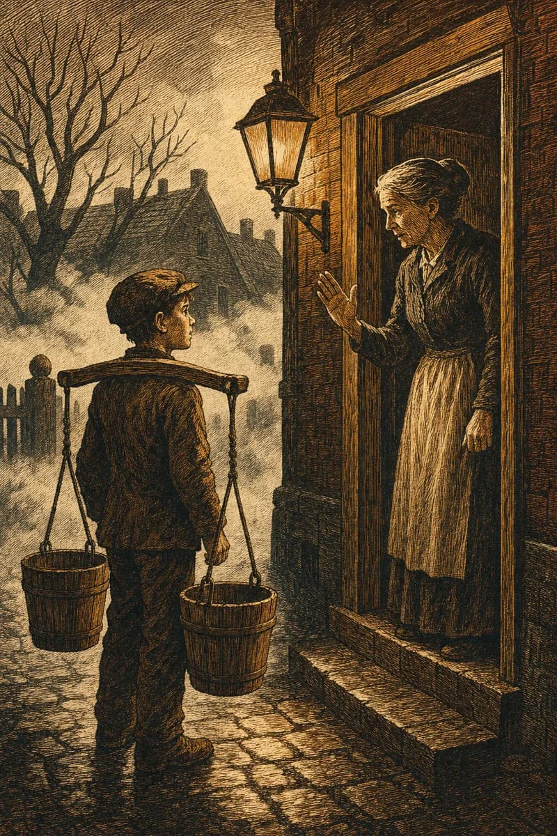 A woodcut of a boy with a shoulder yoke and two buckets listening to an old woman in a lamplit doorway.