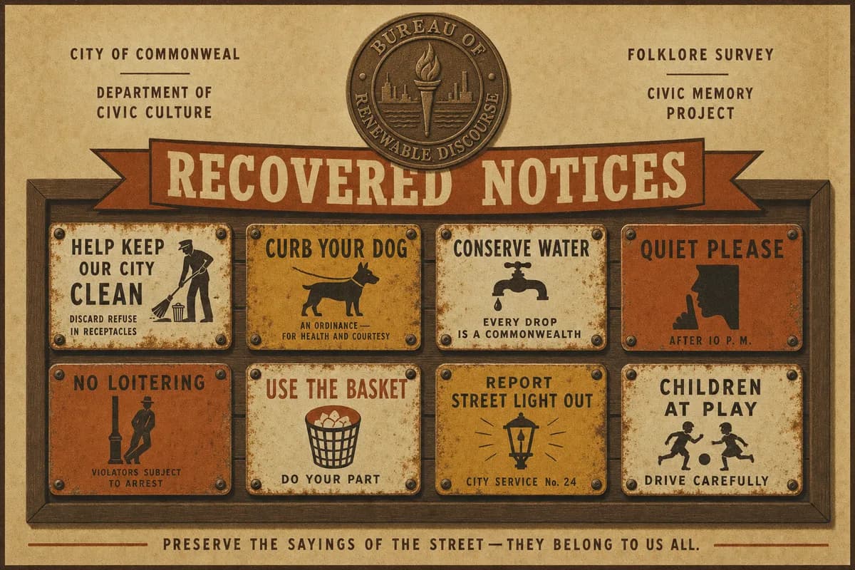 A folklore-survey plate beneath the embossed seal of the Bureau of Renewable Discourse, a board of recovered enameled municipal notice placards pinned in rows with their original screws, a banner reading RECOVERED NOTICES.