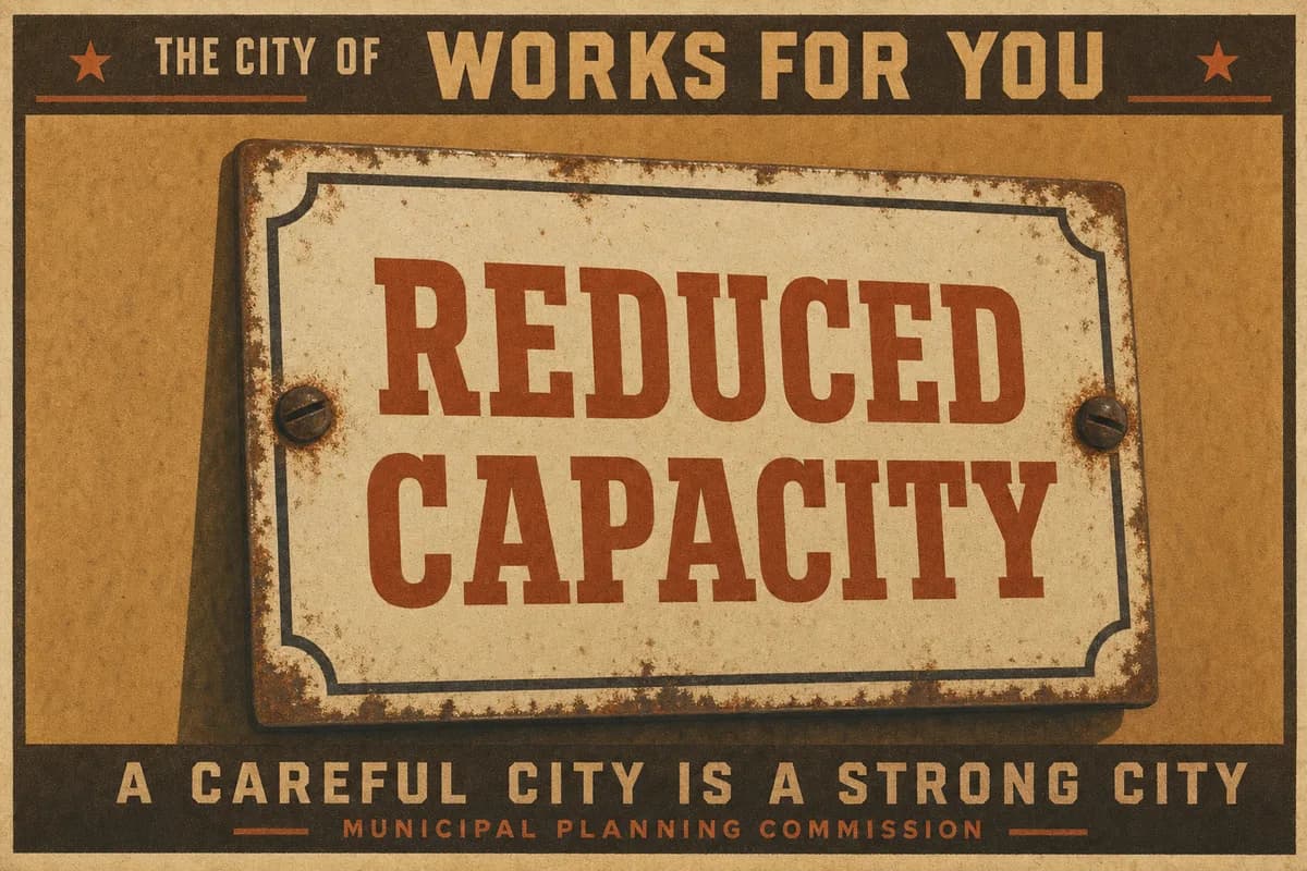 A crooked enameled municipal notice placard reading REDUCED CAPACITY, held by two worn screws.