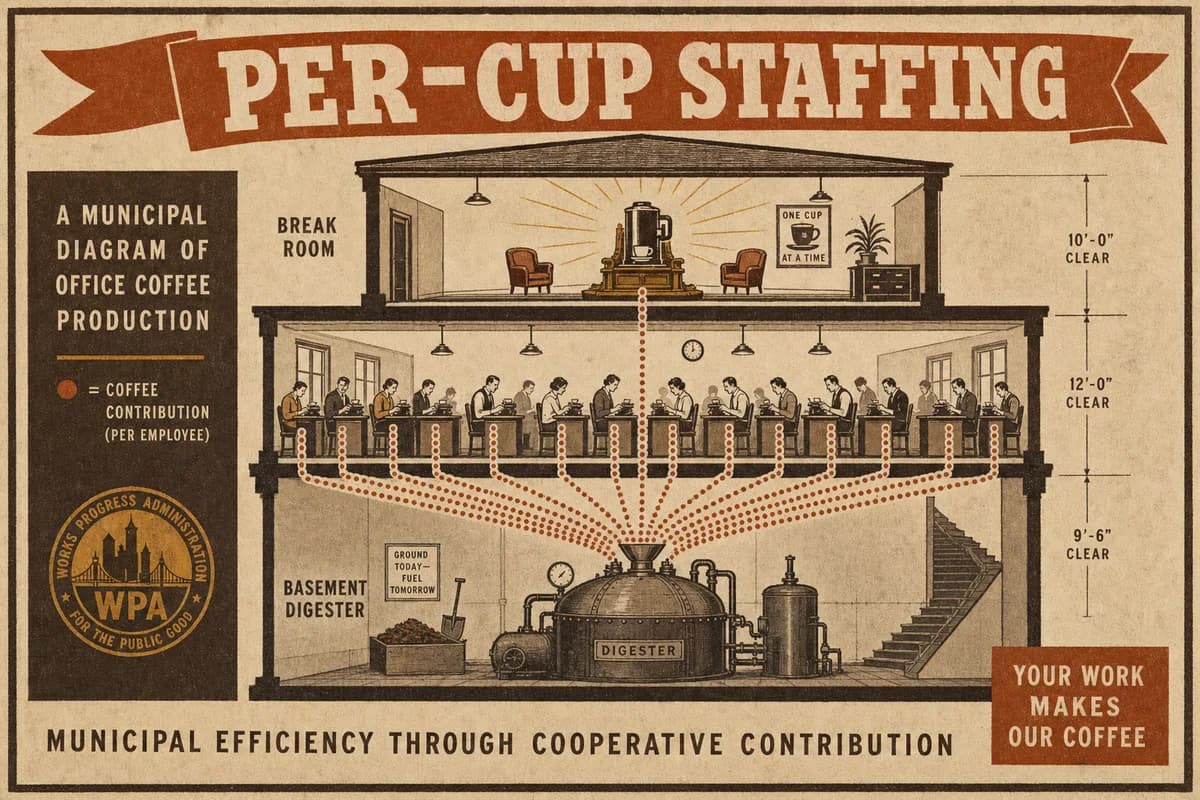 A Victorian scientific cutaway of an office floor with rows of desks feeding dotted contribution lines down to a basement digester, a single pod coffee machine enthroned in the break room above, dimension lines, and a banner reading PER-CUP STAFFING