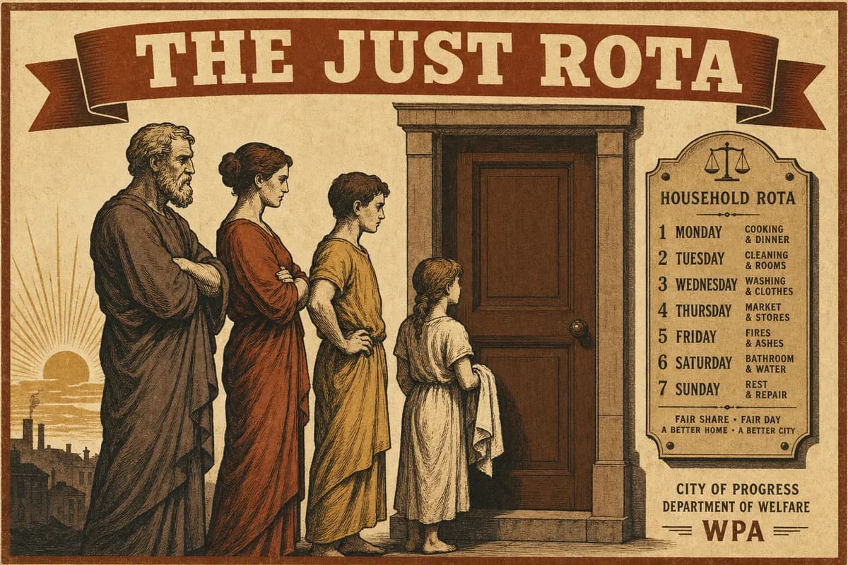 An engraving of four robed household figures ranked before a single closed door at dawn, a numbered rota tablet mounted beside the frame, a banner above reading THE JUST ROTA.