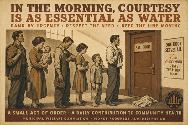 An engraving of a household queue at a single door at dawn, figures ranked by evident urgency, a checked wristwatch and dropped towel among them.
