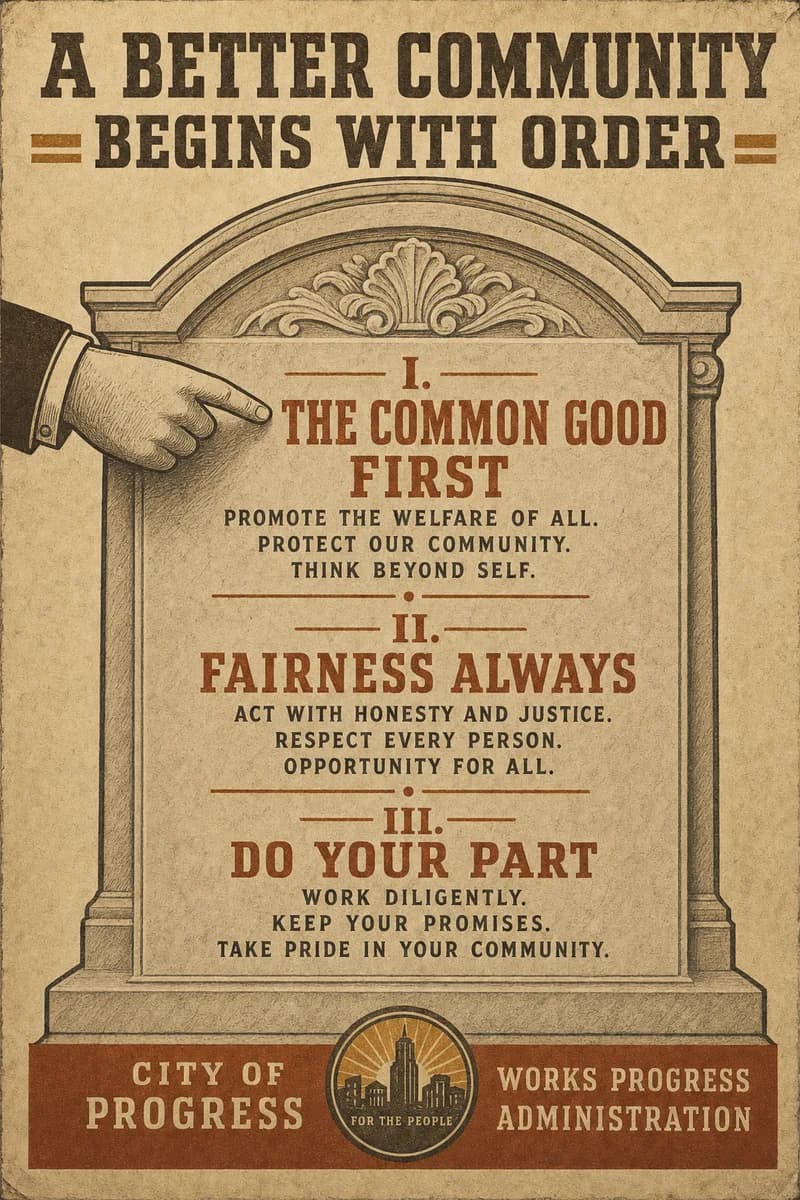 An engraved tablet setting out a ranked priority rule in three ordered tiers with hand-lettered headings, a hand pointing to the top.