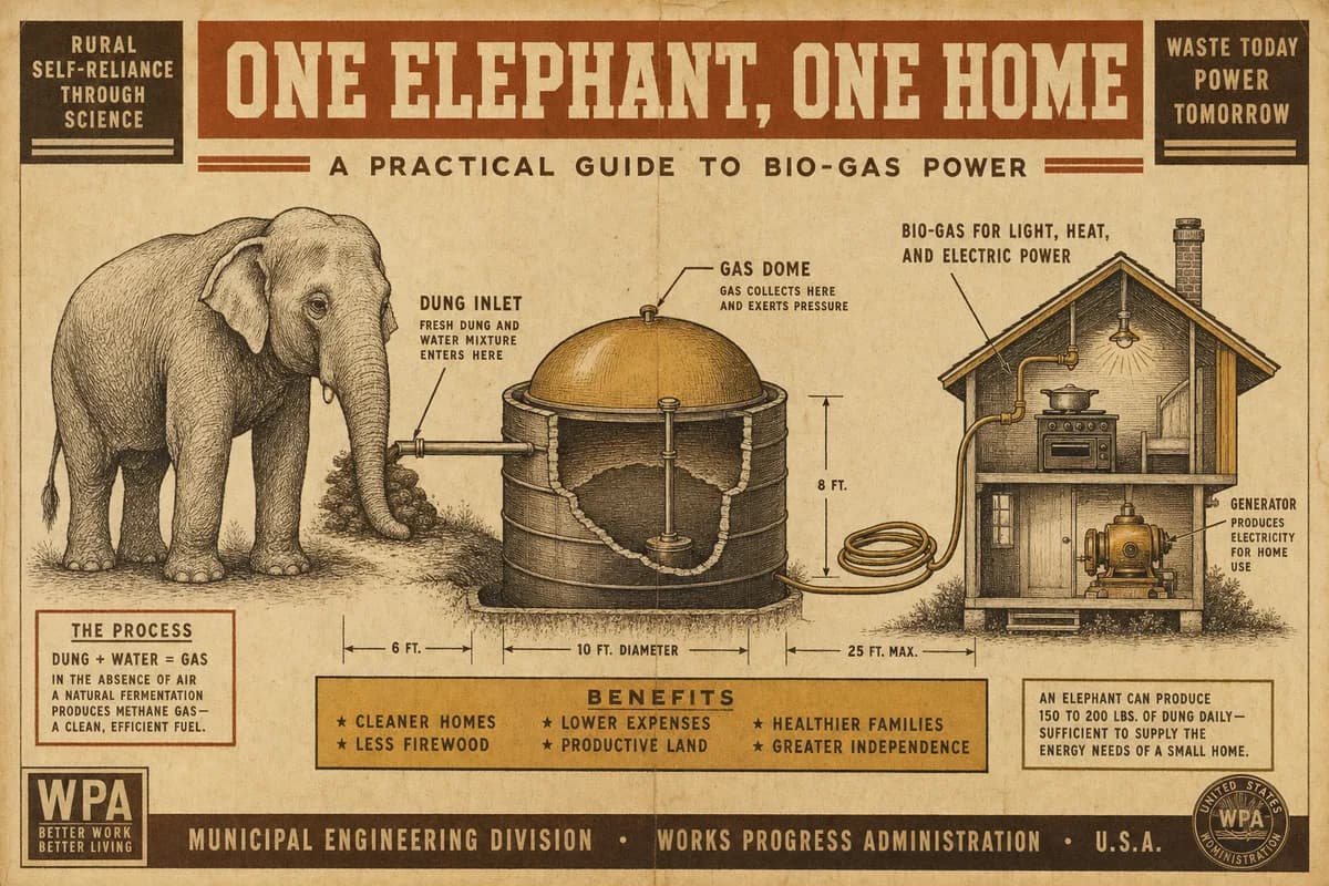 A vintage-style cutaway diagram showing an adult elephant beside a large biogas digester tank, with a labeled gas line running to a small tiny home, in cream, brown, and ochre tones.