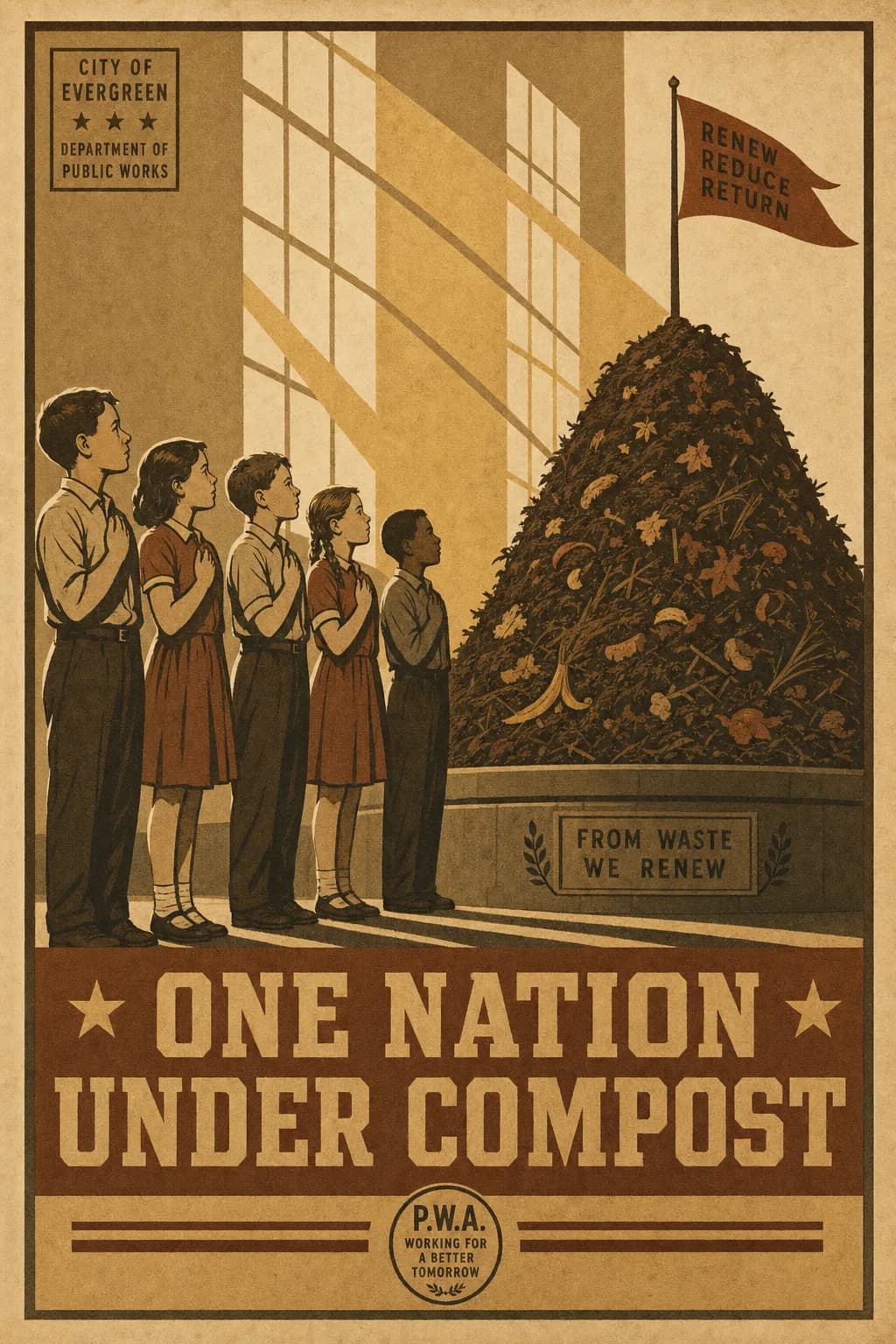 A patriotic poster of a row of schoolchildren standing with hands over their hearts before a raised municipal compost mound topped by a small pennant, tall sunlit windows behind them, captioned ONE NATION UNDER COMPOST.