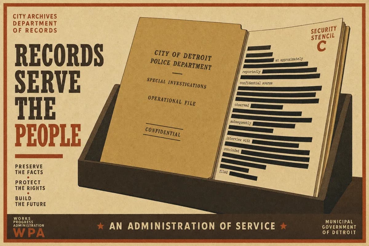 An open wartime folder on an archival cradle, one page covered with black redaction bars, a stencil at the corner.