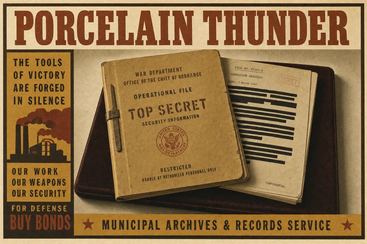 A buff wartime operational folder on a cream museum mount, its cover stenciled and stamped, an interior page fanned to show black redaction bars.