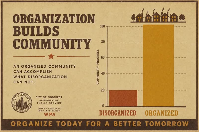 A bar chart with a short faded bar for disorganized output beside a tall bright bar for organized output, with small lit houses along the top of the taller bar.