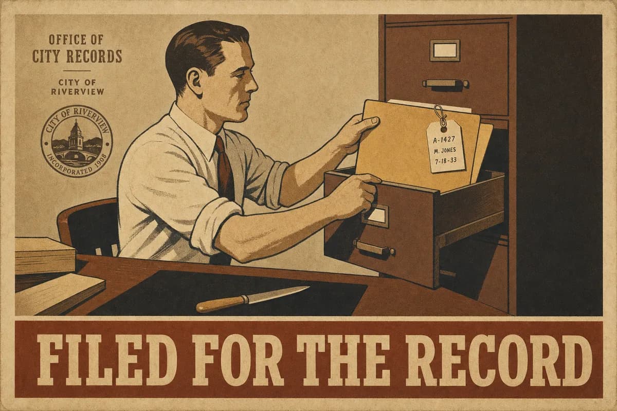 A poster-style illustration of a clerk sliding a labeled case folder into a filing cabinet, a plain kitchen knife lying on the desk in front of him, above the words FILED FOR THE RECORD.