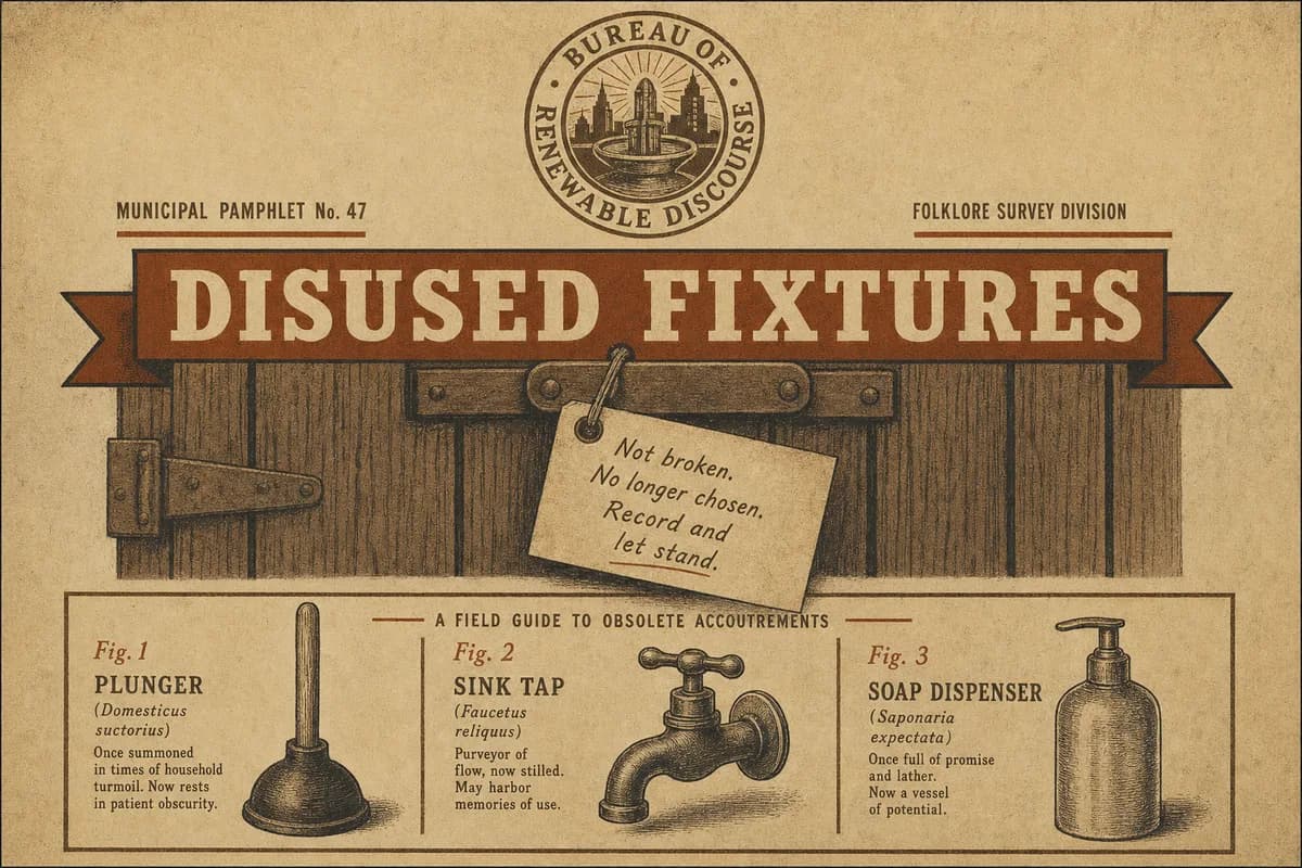 A folklore-survey field-guide plate beneath the embossed seal of the Bureau of Renewable Discourse, a hand-lettered OUT OF ORDER card hanging from a stall latch above small engraved specimens of a plunger, a sink tap, and a soap dispenser, a banner reading DISUSED FIXTURES.