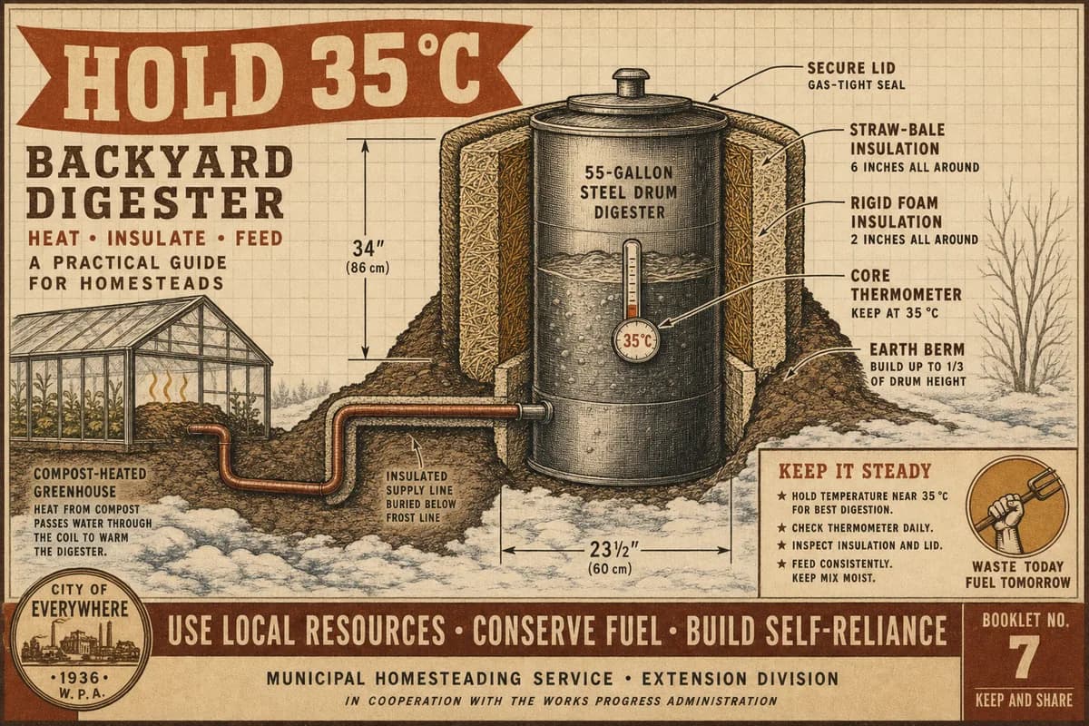 A vintage homesteading-manual cutaway diagram of a 55-gallon backyard digester wrapped in straw-bale and rigid-foam insulation and banked with earth, a waste-heat coil running in from a greenhouse and a core thermometer reading 35 degrees Celsius, snow on the ground, titled HOLD 35 C, in cream, brown, and ochre tones.