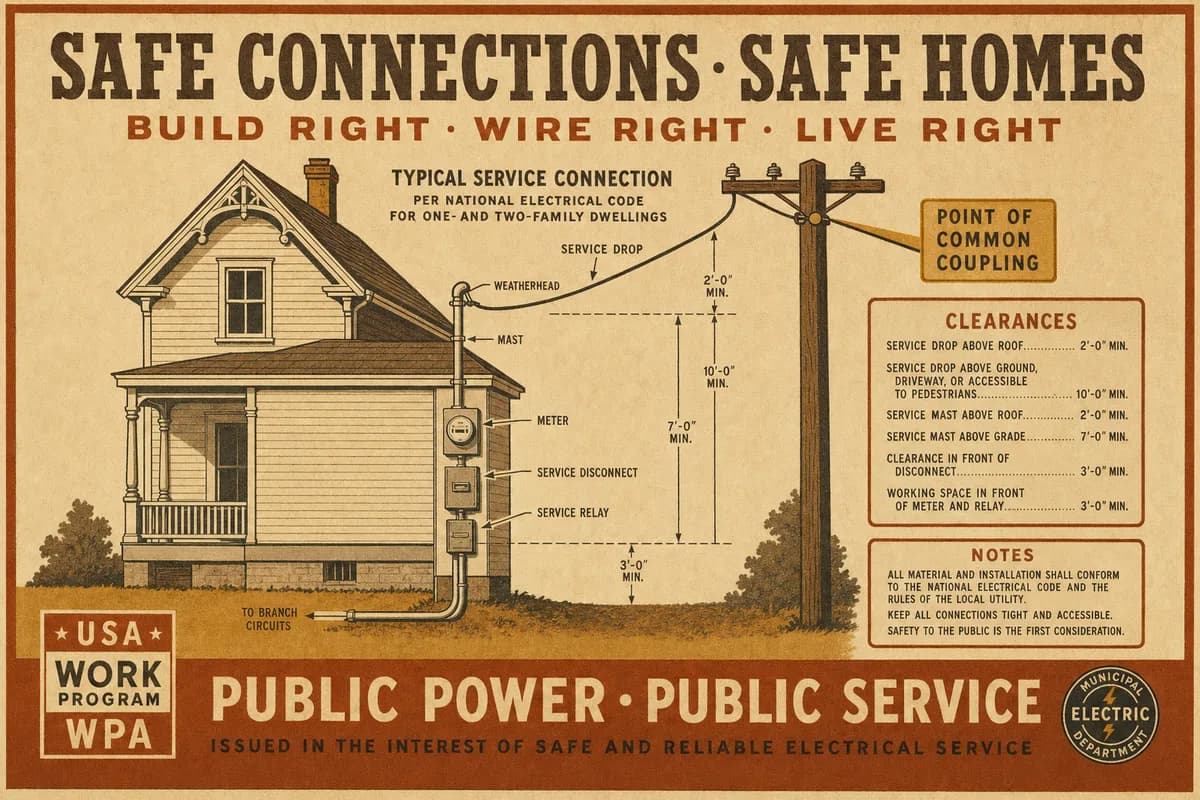 A wiring diagram showing a house service line meeting a utility line at a labeled junction with a relay and disconnect.