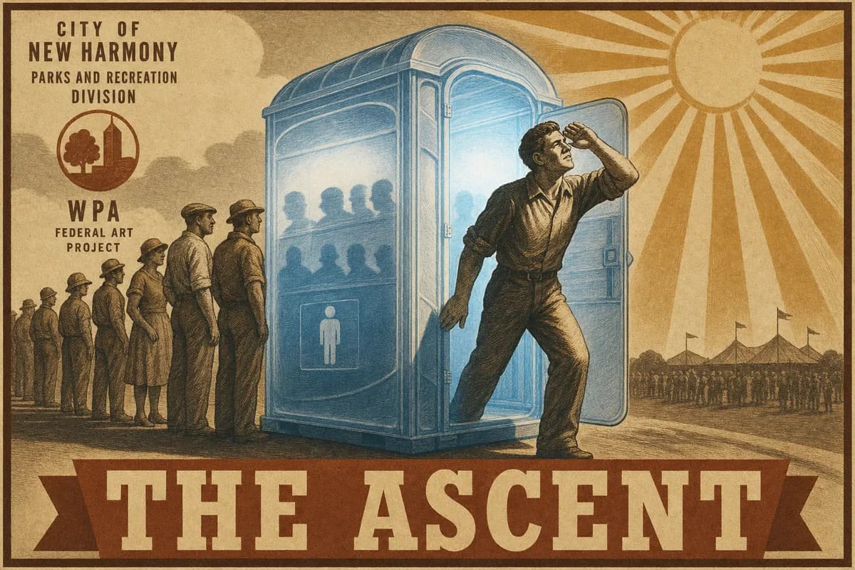 An engraving of a translucent portable festival toilet lit from within by a blue glow, a single figure emerging from its door with one hand raised against a bright sun, a queue of people waiting behind.