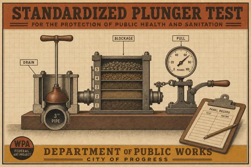 A labeled diagram of a plunger test rig with a drain, a rack of graded blockages, and a pull gauge.