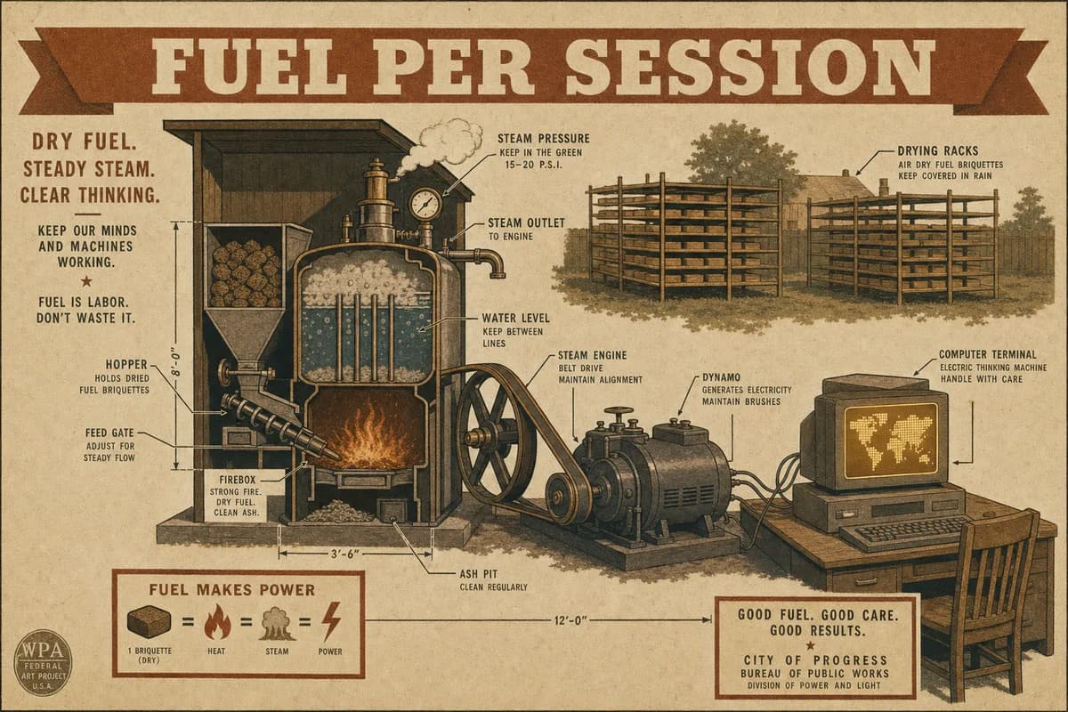 A Victorian scientific cutaway diagram of a backyard steam boiler fed by a hopper of dried fuel briquettes, its belt-driven dynamo wired to a desktop computer that displays a blocky landscape, with drying racks in the yard behind and a banner reading FUEL PER SESSION