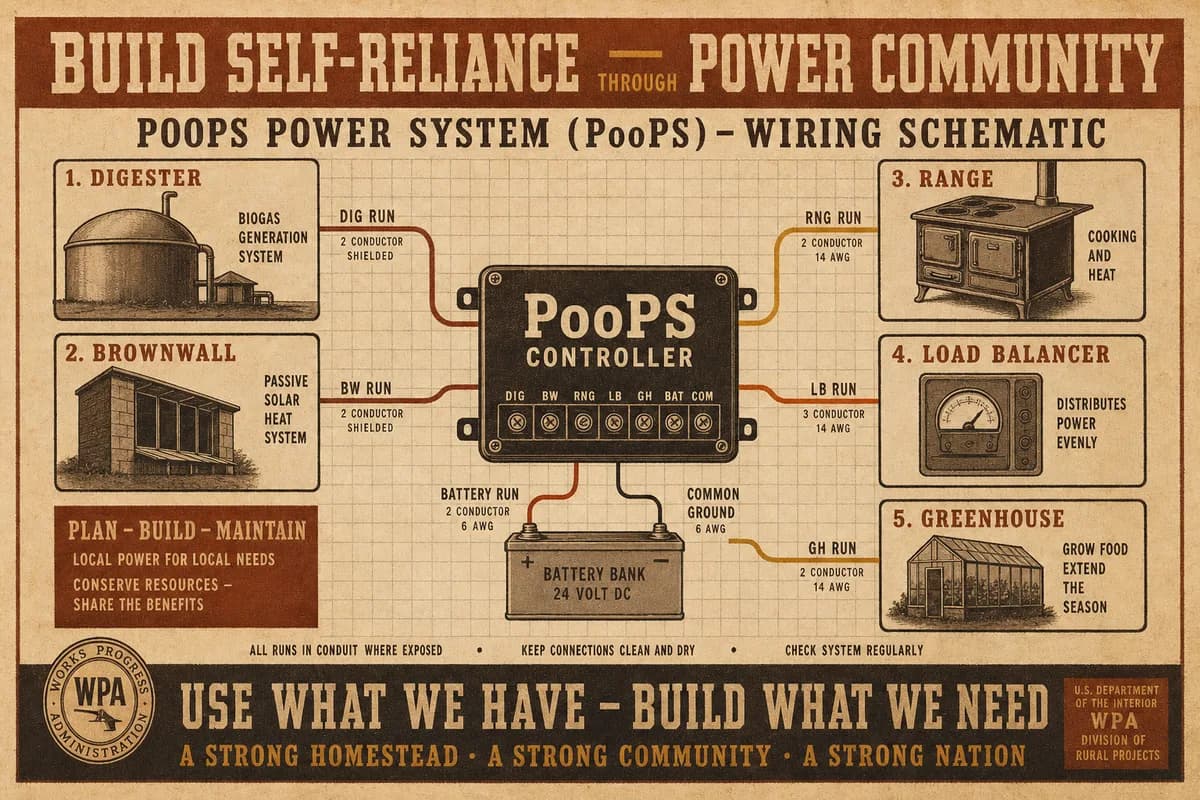 A wiring schematic showing a central controller connected by labeled lines to five household subsystems.