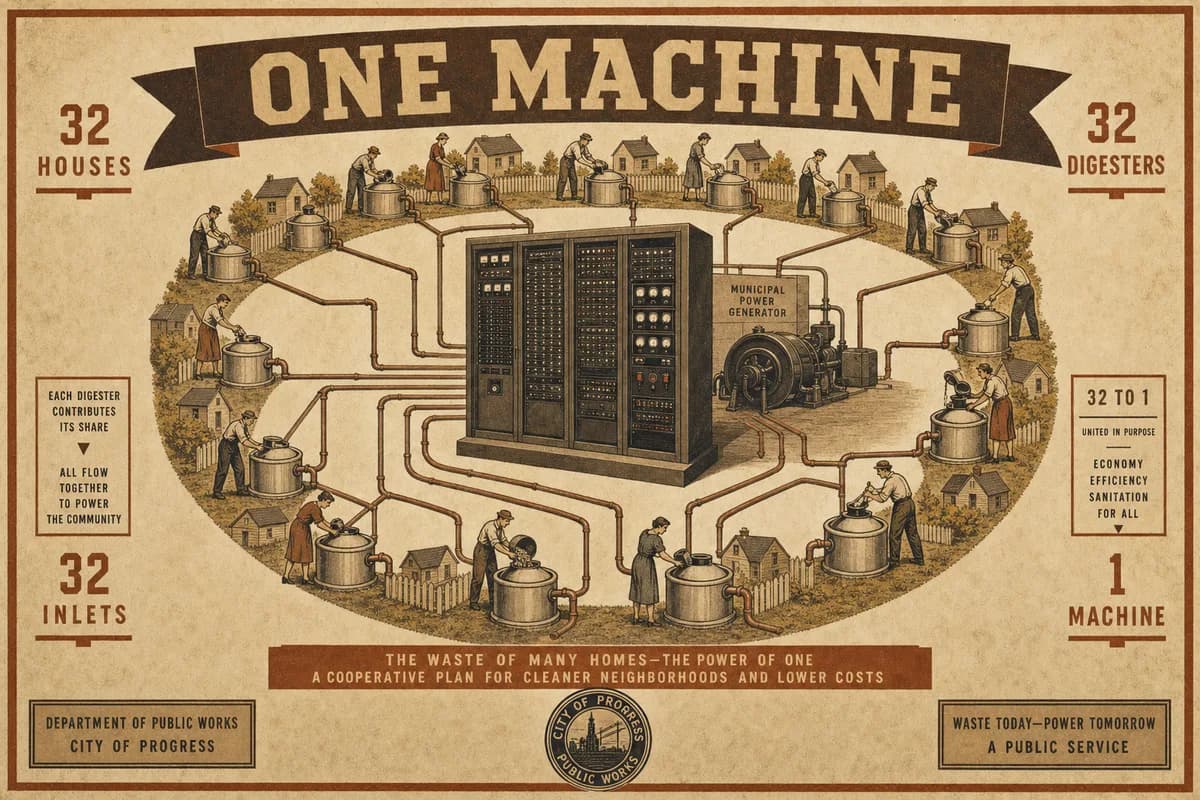 A Victorian scientific rendering of a single rack-mounted mining machine at the center of a vast ring of small figures at their digesters, pipes converging inward to a generator behind the rack, dimension lines counting the ring, with a banner reading ONE MACHINE